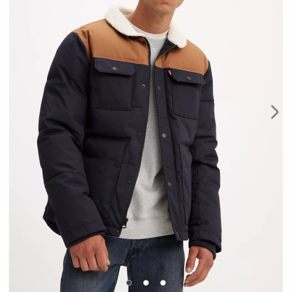 Levi's Men's Black and Brown Puffer Jacket with Sherpa Collar
